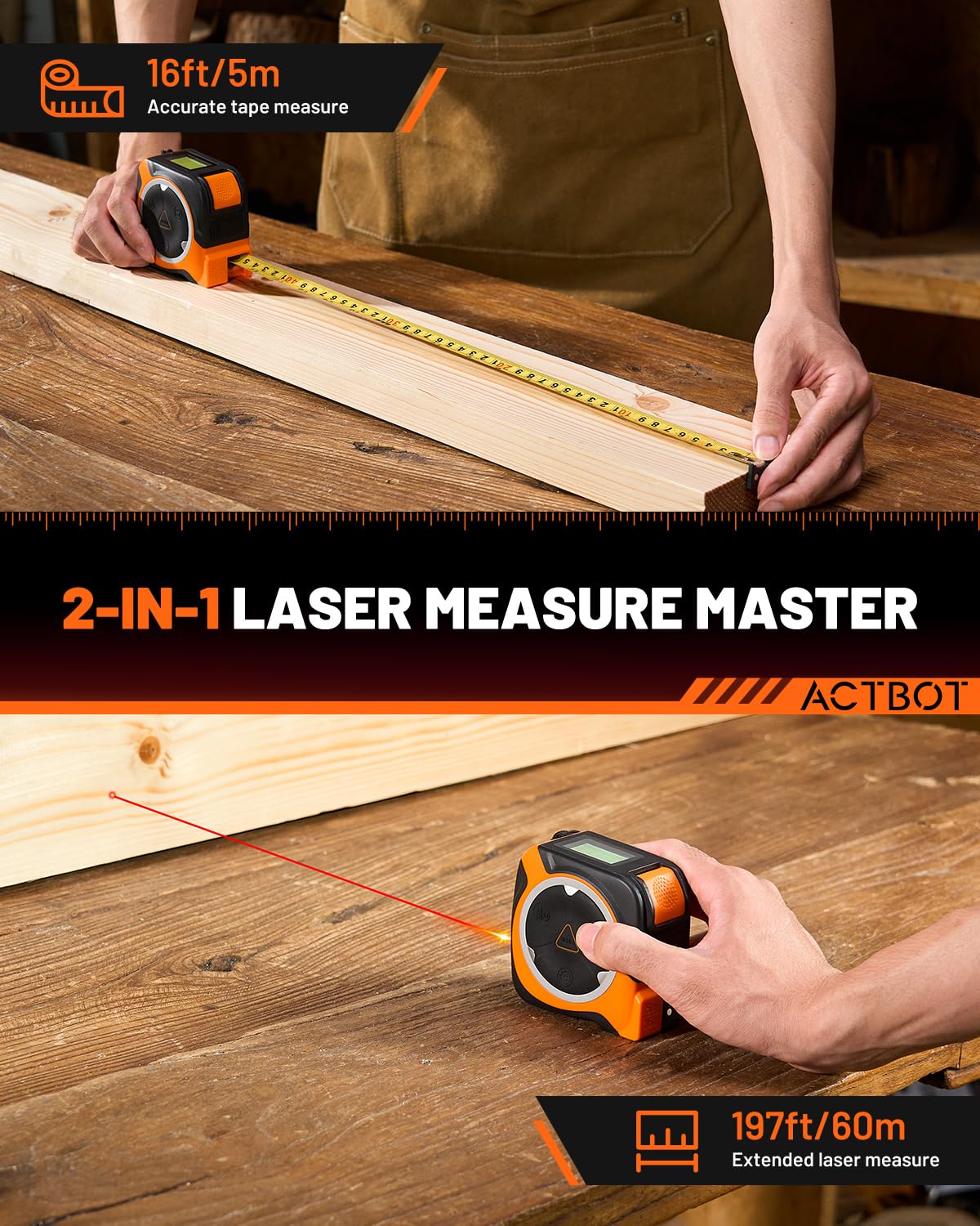 2‑in‑1 Digital Laser & Tape Measure – 197ft Laser + Auto‑Lock 16ft Tape | USB‑C Rechargeable, Multi‑Function Modes