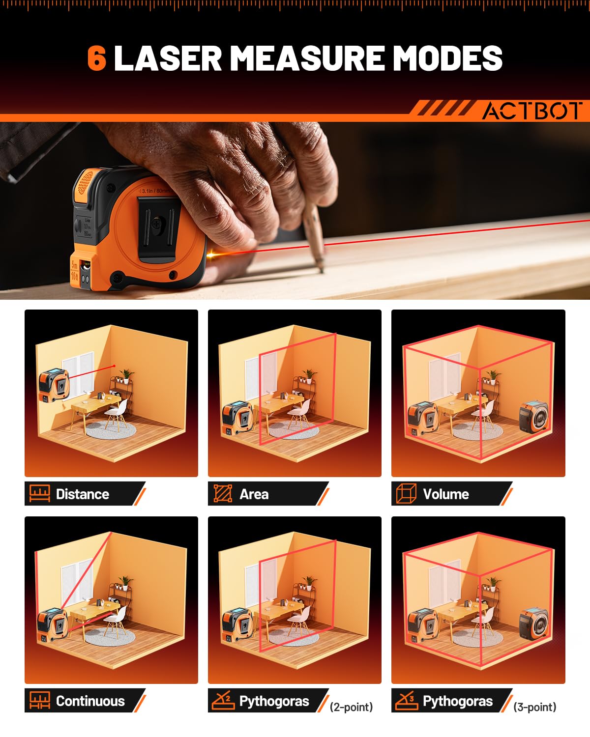 2‑in‑1 Digital Laser & Tape Measure – 197ft Laser + Auto‑Lock 16ft Tape | USB‑C Rechargeable, Multi‑Function Modes