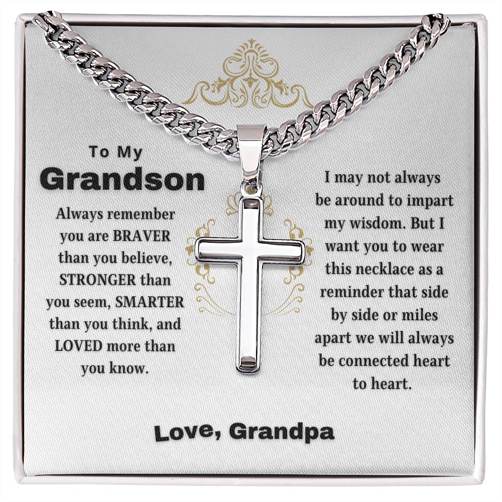 To My Grandson | Always Connected by Heart | From Grandfather (Artisan Cross Cuban Chain).