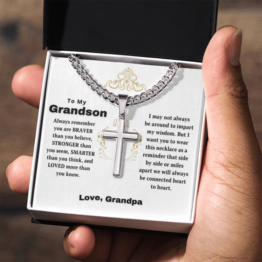 To My Grandson | Always Connected by Heart | From Grandfather (Artisan Cross Cuban Chain).