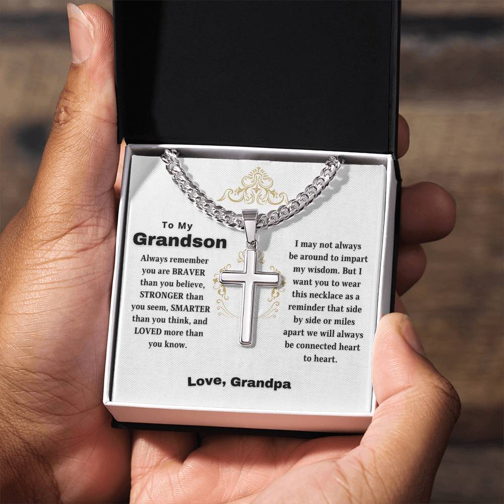 To My Grandson | Always Connected by Heart | From Grandfather (Artisan Cross Cuban Chain).