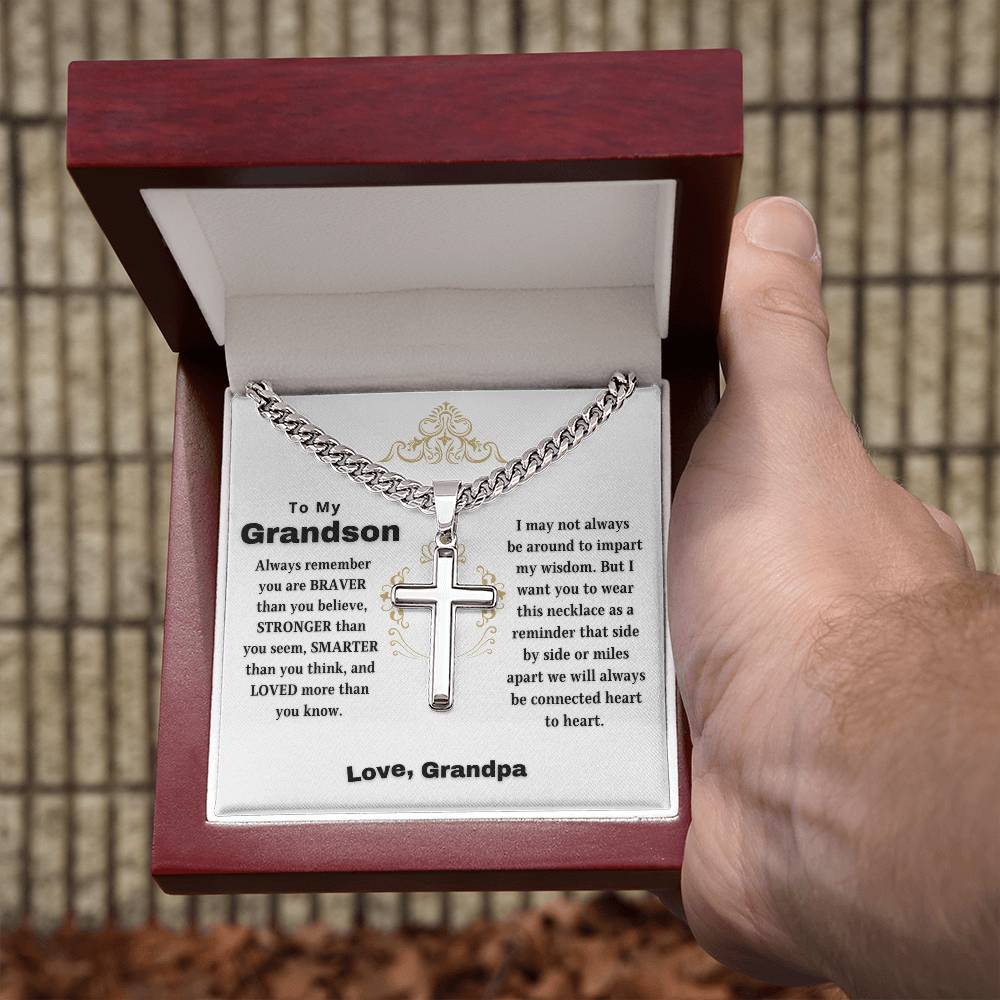 To My Grandson | Always Connected by Heart | From Grandfather (Artisan Cross Cuban Chain).