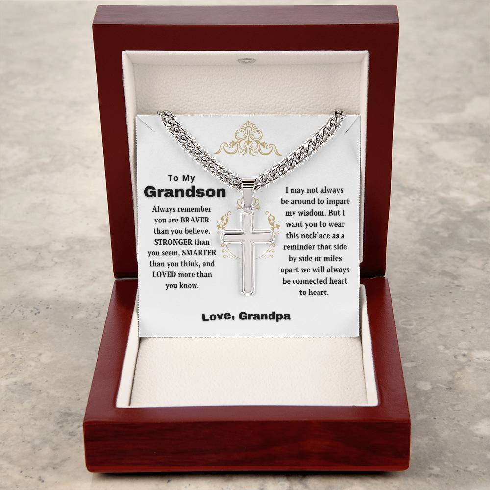 To My Grandson | Always Connected by Heart | From Grandfather (Artisan Cross Cuban Chain).