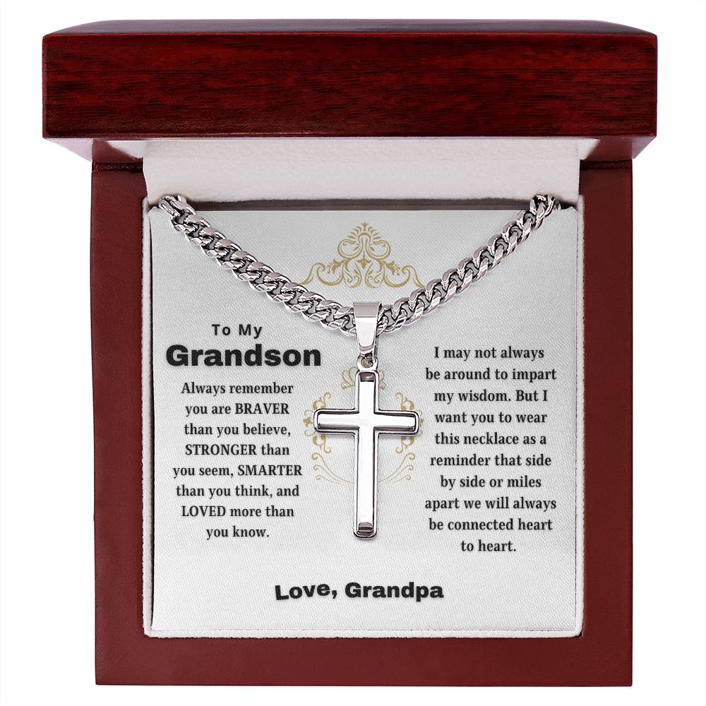 To My Grandson | Always Connected by Heart | From Grandfather (Artisan Cross Cuban Chain).