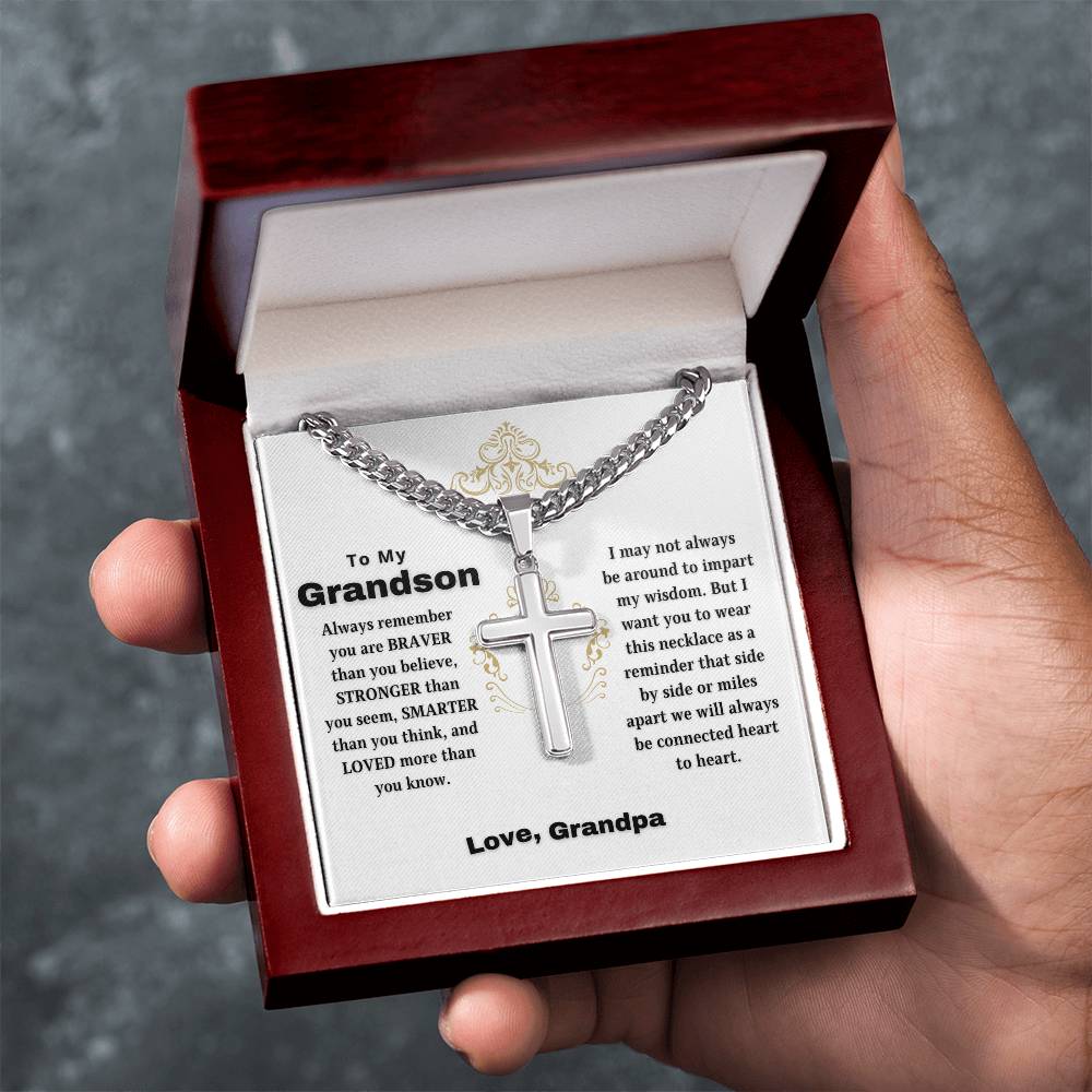 To My Grandson | Always Connected by Heart | From Grandfather (Artisan Cross Cuban Chain).