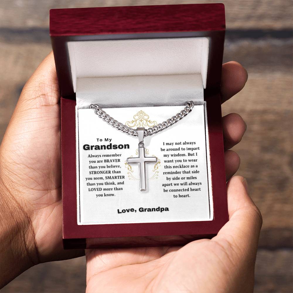 To My Grandson | Always Connected by Heart | From Grandfather (Artisan Cross Cuban Chain).