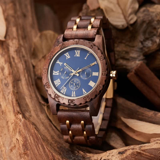 Men's Walnut Wood Three Sub-Dial Wooden Watch